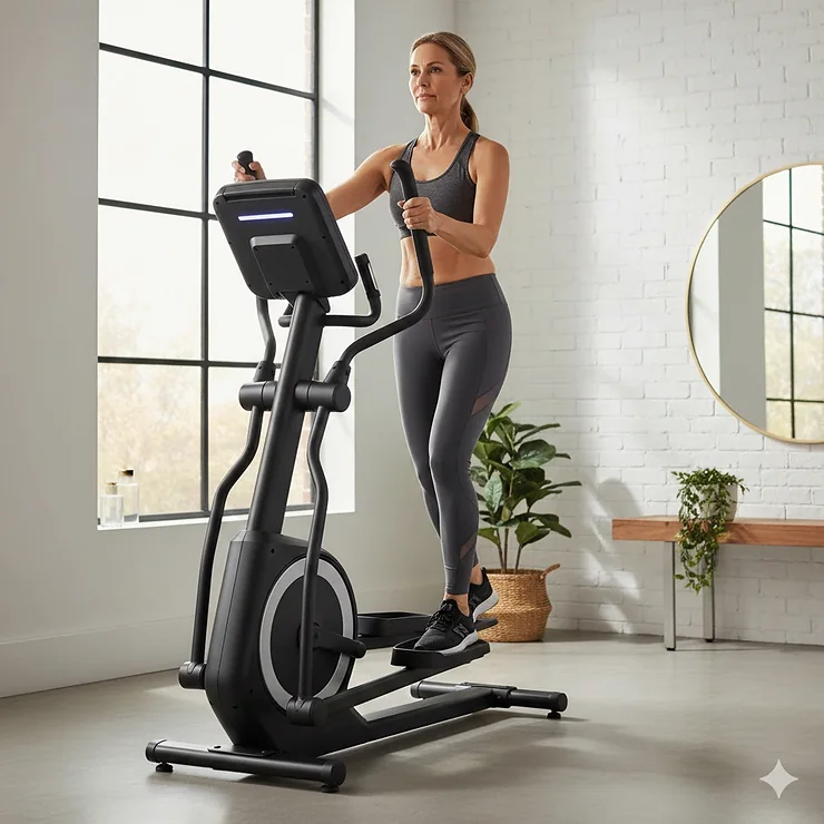 A high-end elliptical machine positioned in a bright, modern home gym with a person exercising. best home elliptical