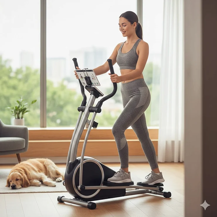 A person using the best portable elliptical in a modern living room for a low-impact home workout.