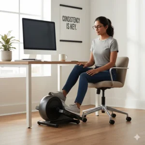 An under-desk elliptical being used at a workstation to maintain activity while sitting at a desk.