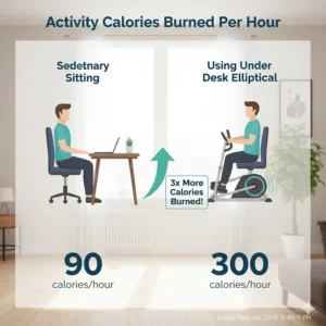 Infographic comparing calories burned per hour using an under desk elliptical versus sedentary sitting.