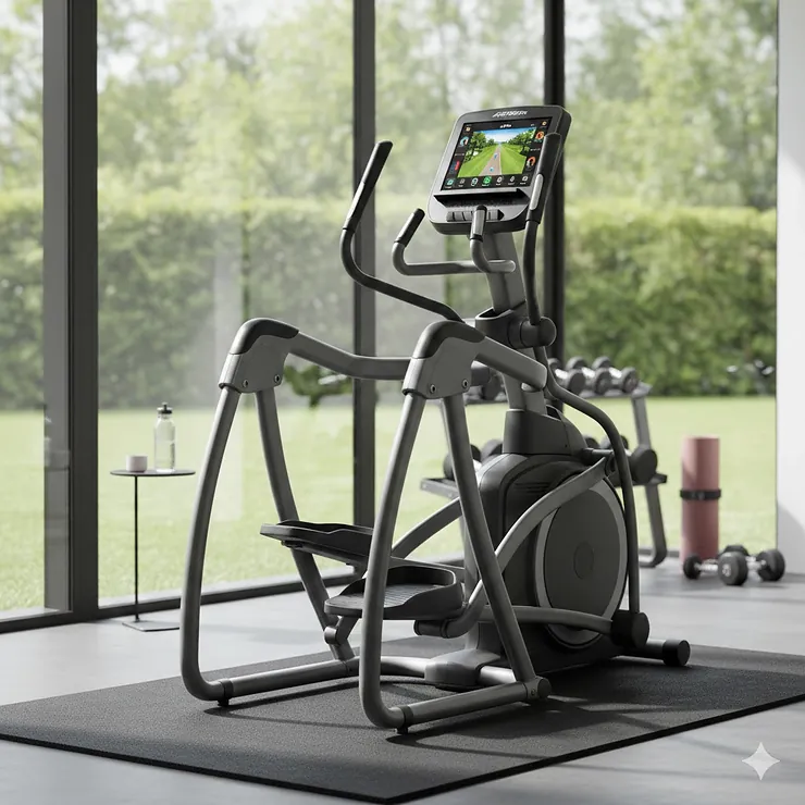 A high-end commercial grade elliptical for home use positioned in a modern, sunlit residential gym.