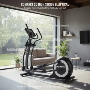 A compact elliptical with a 20 inch stride length designed for small apartment use.