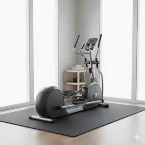 A compact commercial grade elliptical for home fitting perfectly in a small corner space.