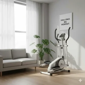 A compact elliptical with a space-saving footprint, ideal for small apartments and home workout areas.