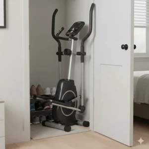 A portable elliptical being stored easily in a small closet, highlighting its space-saving design.