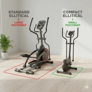 Infographic comparing the large footprint of a standard elliptical with the small footprint of a compact apartment model.