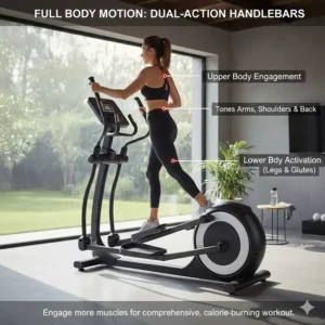 Illustration of a user using moving handlebars on a 20 inch stride elliptical for a full-body workout.