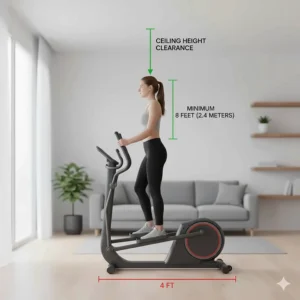 Height clearance guide showing the minimum ceiling height required to safely use an elliptical in a low-ceiling room.