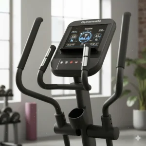 The digital display of a folding elliptical showing heart rate, calories burned, and various workout programs.