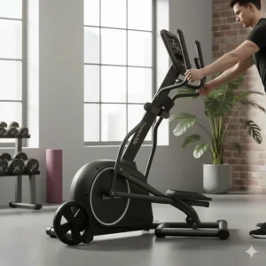 Side view showing a heavy duty folding elliptical being lifted into its upright space-saving position.