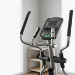 Close-up of multi-grip handlebars with integrated heart rate pulse sensors.