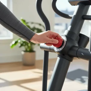 A hand adjusting the 8-level magnetic resistance knob on a budget-friendly home elliptical trainer.