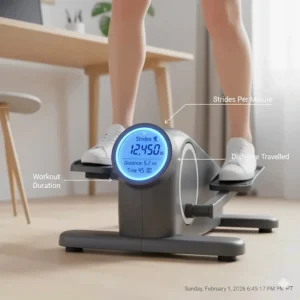 Illustration of the LCD display tracking strides, distance, and time on a pedal exerciser.