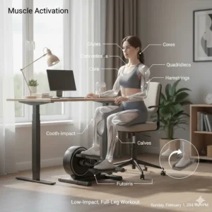 Illustration highlighting the leg and core muscles activated during under desk elliptical exercise.