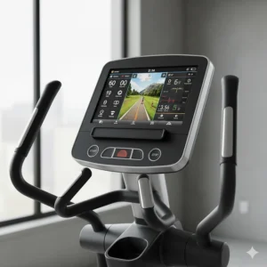 Interactive touchscreen console on a home commercial elliptical showing workout metrics.
