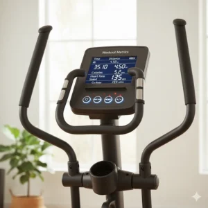 Close-up illustration of a digital console on a top-rated folding elliptical showing workout metrics.