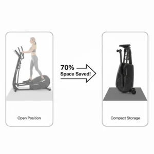 Side-by-side comparison of the best folding elliptical in its open and storage positions.