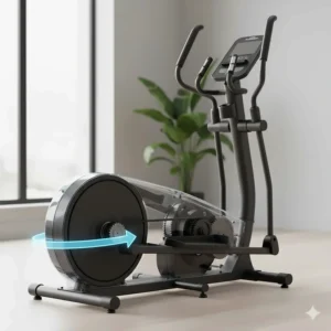 Illustration showing a front-drive elliptical design, highlighting its compact footprint for home use.