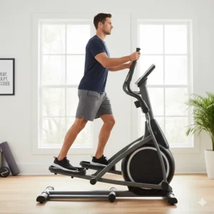 A side view of a trainer using moving handlebars on an elliptical to engage upper body muscles and core.