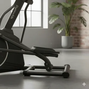 Close-up of the reinforced steel base and dual-rail system of a heavy duty folding elliptical for high weight capacity.