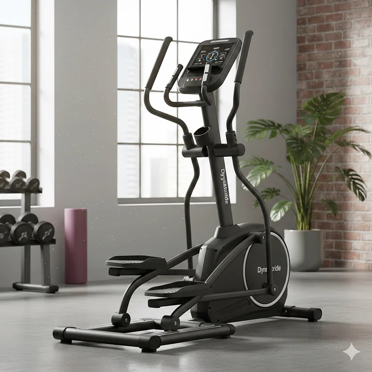 A high-end heavy duty folding elliptical machine set up in a modern home gym with a sturdy steel frame and large LCD console.