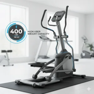 Graphic indicating the 400lb high weight capacity of a robust commercial home elliptical.
