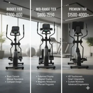 An infographic comparing budget, mid-range, and premium home ellipticals based on features and durability.
