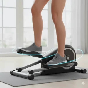 Illustration demonstrating the smooth, low-impact pedal motion of a portable elliptical for joint protection.