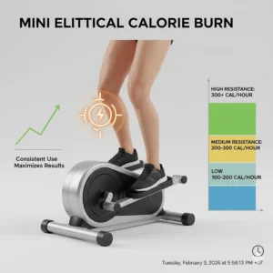 Infographic detailing average calories burned per hour using the best mini elliptical at different resistance levels.