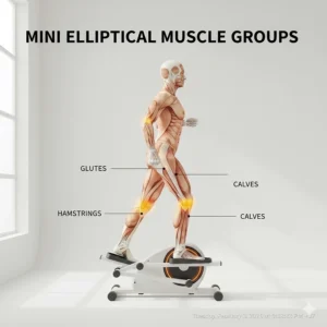 Diagram highlighting the glutes, hamstrings, and calves targeted by a mini elliptical machine.
