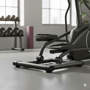 Close-up of the oversized, non-slip pedals on a heavy duty folding elliptical designed for joint comfort.