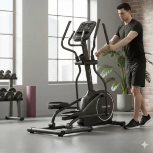 A person easily moving a heavy duty folding elliptical using the built-in front transport wheels.