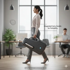 Illustration of a lightweight under desk elliptical with a built-in carry handle for easy transport.