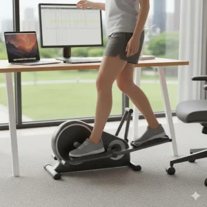 An illustration showing a compact portable elliptical fitting perfectly under an office desk for multi-tasking.