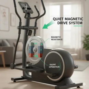 Transparent view of a quiet magnetic resistance drive system designed for silent elliptical workouts in apartments.