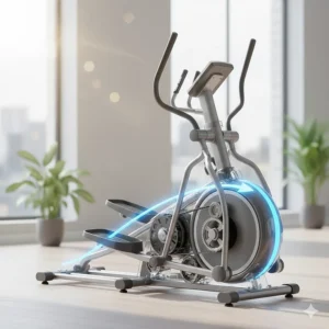 Diagram of a rear-drive elliptical illustrating the smooth, natural running motion and balanced frame.