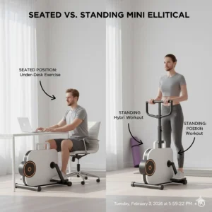 Side-by-side view of a hybrid mini elliptical being used in both seated and standing positions.