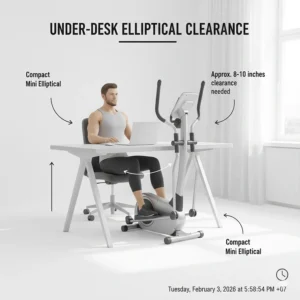 Illustration showing the necessary leg clearance for using a mini elliptical under a standard office desk.