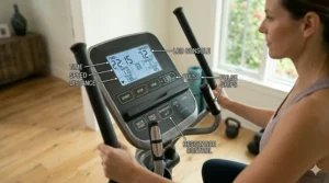 Close-up of a backlit LCD console on an elliptical under 1000 dollars showing workout metrics.
