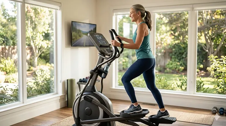 A person using a high-quality elliptical machine with ergonomic foot pedals designed to reduce impact on knee joints. elliptical for bad knees