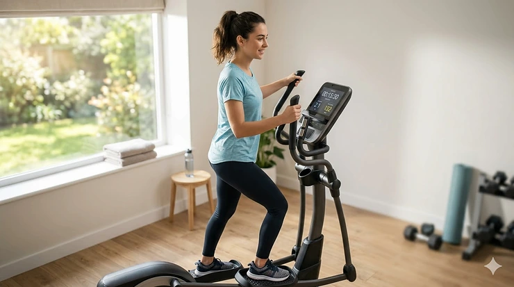 A beginner smiling while using a home elliptical machine with proper upright posture. elliptical for beginners
