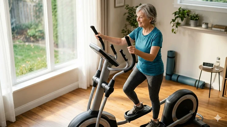 An active senior woman comfortably using a low-impact elliptical machine in a sunny home gym. elliptical for seniors