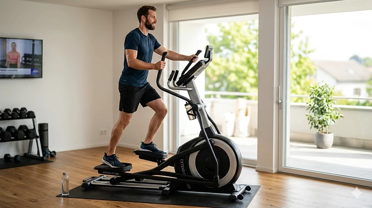 A tall person comfortably exercising on a high-quality elliptical for tall people with a long stride length.