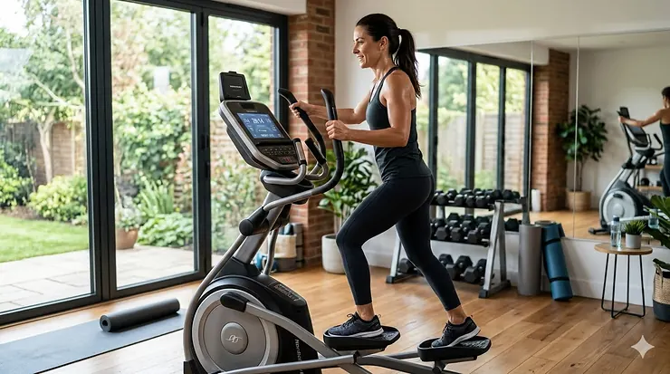 A person actively using a high-quality elliptical for weight loss in a bright home gym setting.