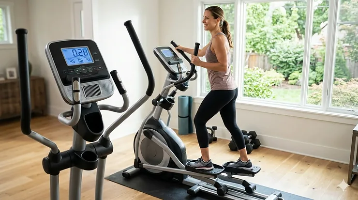 A modern compact elliptical machine under 1000 dollars in a bright home gym setting. elliptical under $1000