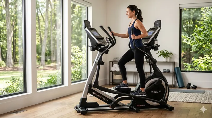 High-end elliptical with incline trainer set up in a modern home gym.
