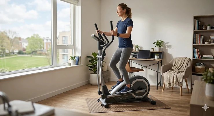 A person using a compact, silent elliptical trainer in a modern, small-space living room. quiet elliptical for apartment