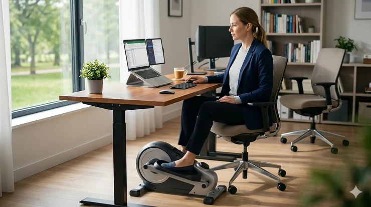 A professional woman using an under-desk elliptical for office use while working on a laptop at a standing desk.