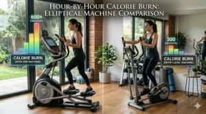A bar chart showing the difference in hourly calorie burn between entry-level and professional-grade elliptical machines.