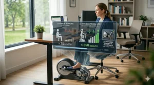 Infographic comparing calories burned sitting versus using an elliptical for office use.